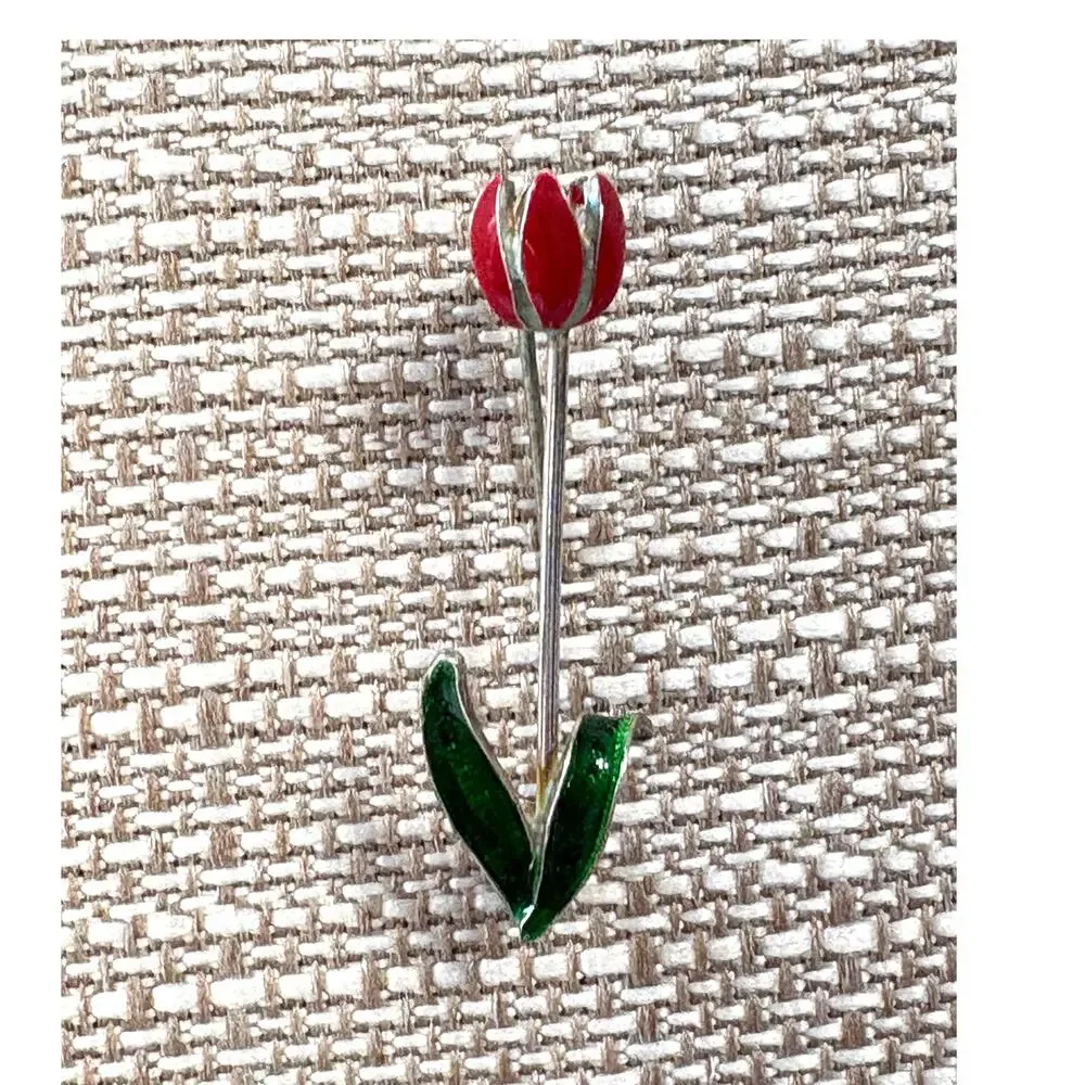 Vintage Tulip Brooch Red Green Enamel Floral Silver Tone Pin